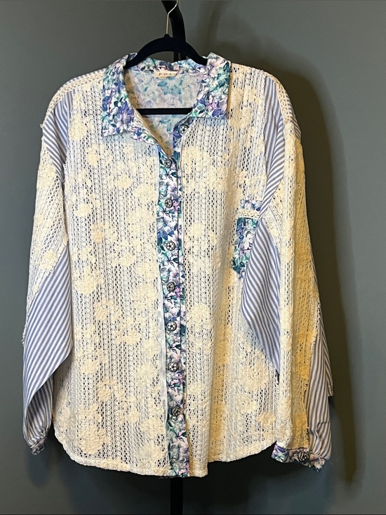 POL Tops - POL Cream Crochet Button-Up with Blue Floral Trim and Stripes